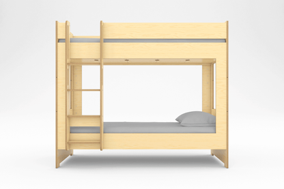 Modern kids' cabin-style bunk bed made of birch plywood with a clean front-facing design and safety ladder.