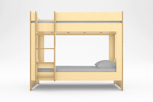 Modern kids' cabin-style bunk bed made of birch plywood with a clean front-facing design and safety ladder.