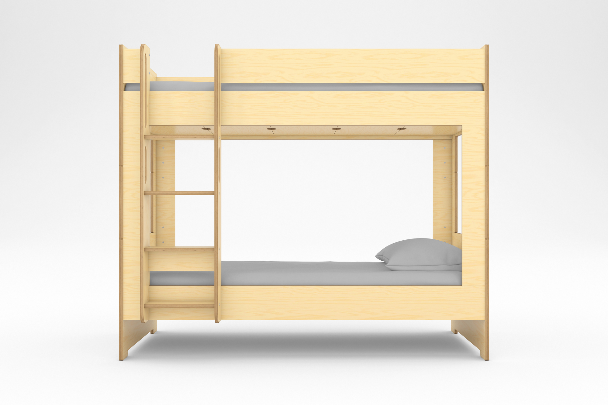 Front view of the Cabin Bunk Bed in natural birch finish, featuring a sturdy ladder and an open-frame design for shared bedrooms.