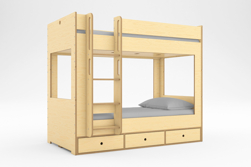 Front view of the Cabin Bunk Bed in natural birch finish, featuring a sturdy ladder and an open-frame design for shared bedrooms.