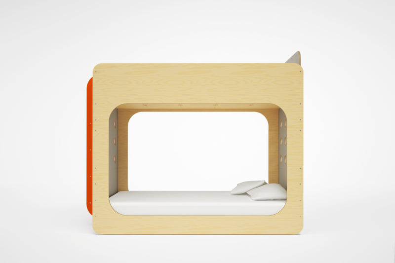 Capsule Bunk Bed side view in birch, gray, and orange finish, featuring a modern enclosed design with perforated panels for ventilation.