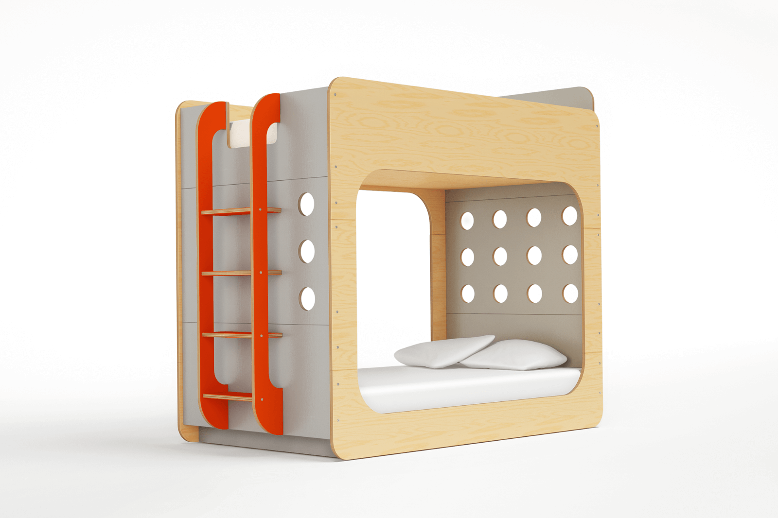 Side view of a birch and gray Capsule Bunk Bed featuring a vibrant orange staircase and a modern, modular design