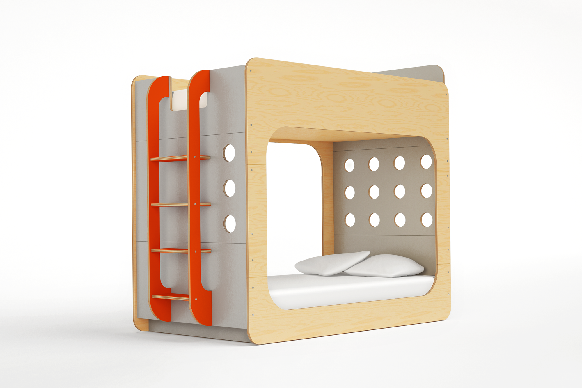 Capsule Bunk Bed side view in birch, gray, and orange finish, featuring a modern enclosed design with perforated panels for ventilation.