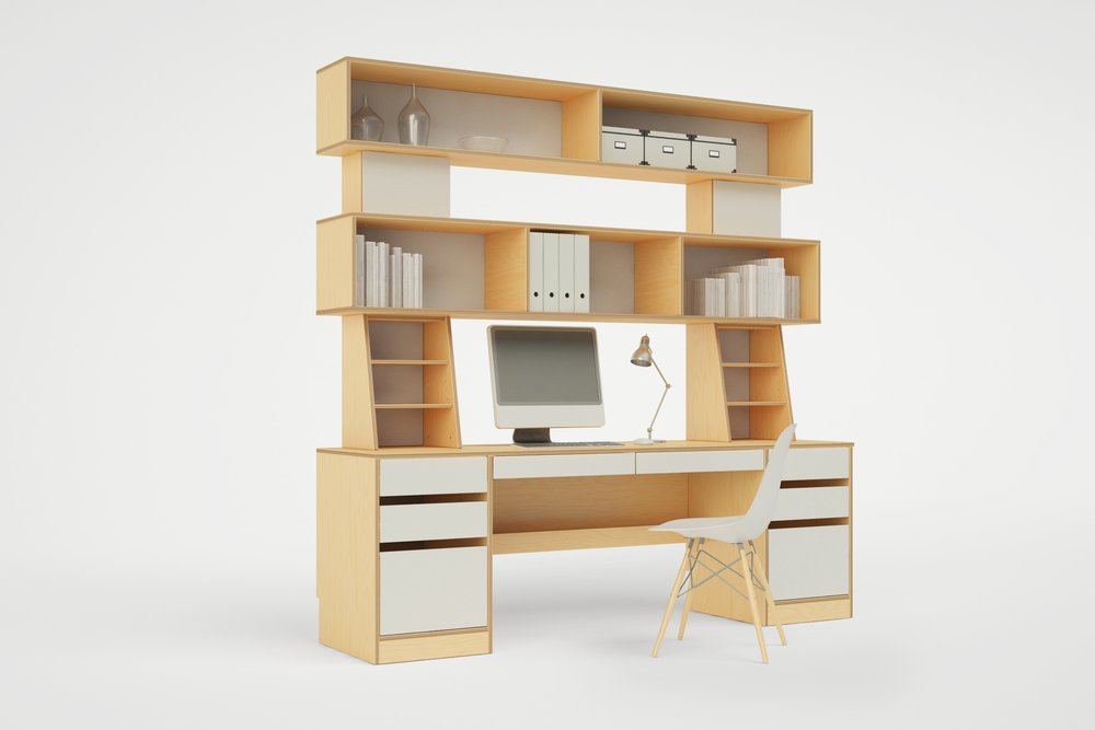 Tall birch white desk with many shelves, dual desk drawers on both sides, and white chair against a white background