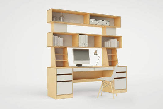 Tall birch white desk with many shelves, dual desk drawers on both sides, and white chair against a white background