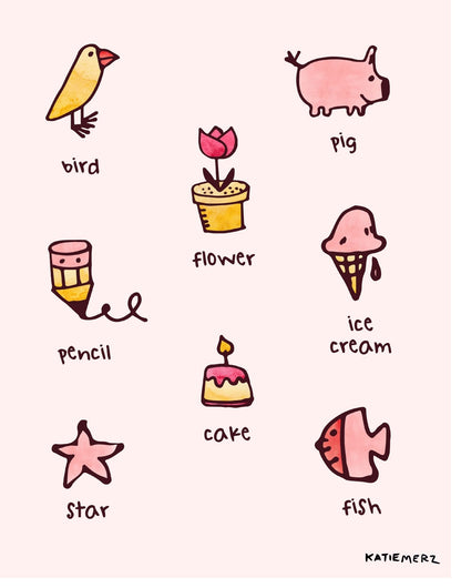 Katie Merz Framed Artwork-Casa Kids, Bird, Flower, Pig, Pencil, Ice Cream Cone, Star, Cake, Fish watercolor collage on white background