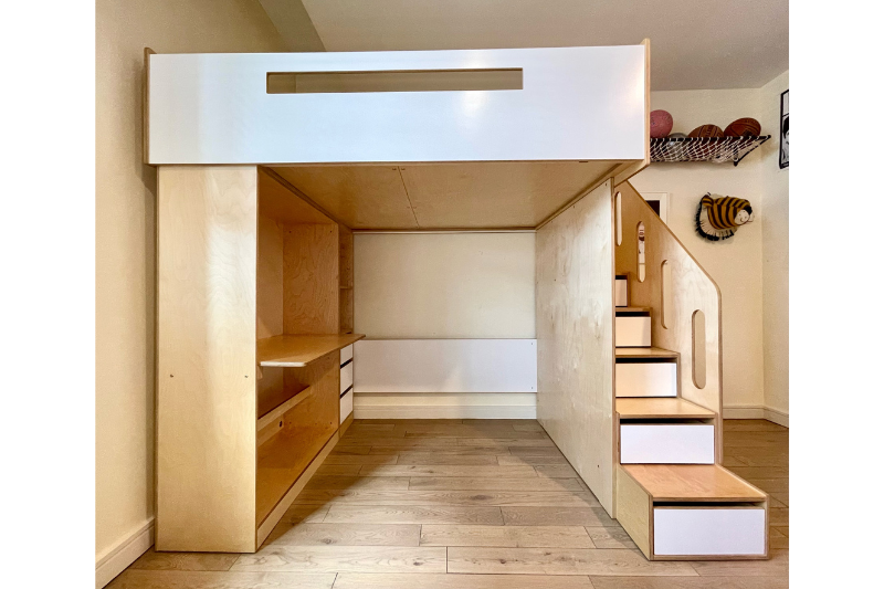 Full Size Loft Bed W/Stairs & Desk - Birch & White