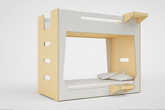 Side perspective of the LoLo Bunk Bed showing its space-saving design and clean lines.
