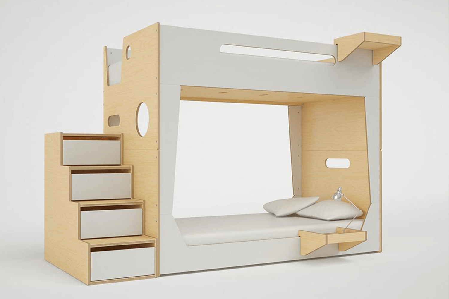 L-shaped perspective of the LoLo Bunk Bed featuring stairs with built-in drawers for extra storage.