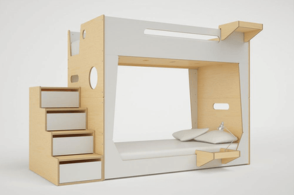 L-shaped perspective of the LoLo Bunk Bed featuring stairs with built-in drawers for extra storage.