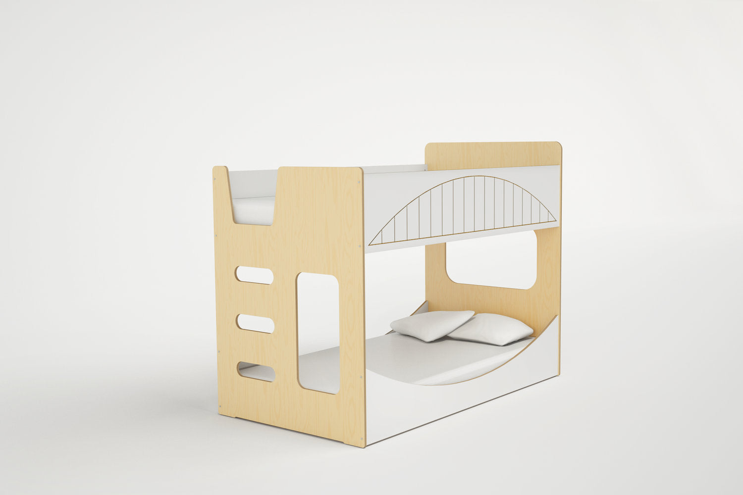 Angled view of the Minibunk Bed in white and birch finish, featuring an arched safety rail and cutout side panels for a unique modern look.