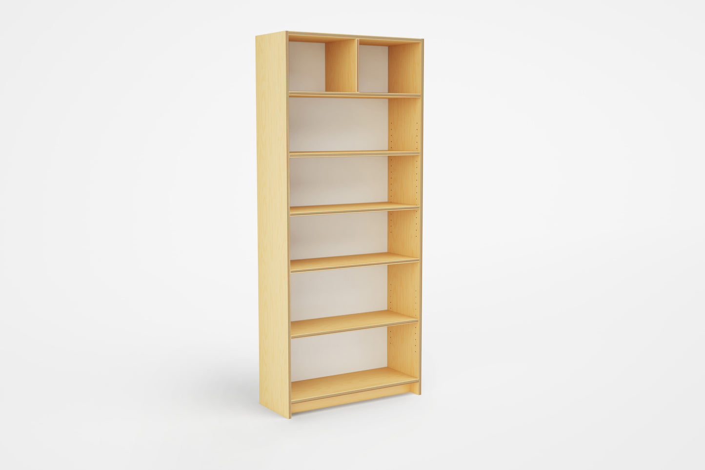 Modulor Bookshelf with shelves birch wood outside and white back against a white background.