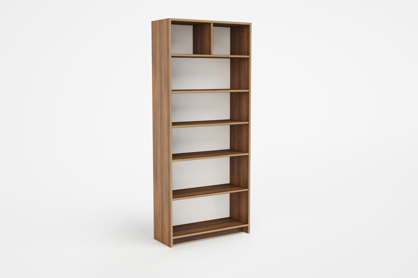 Modulor Bookshelf-Walnut wood outside and white backing against a white background.