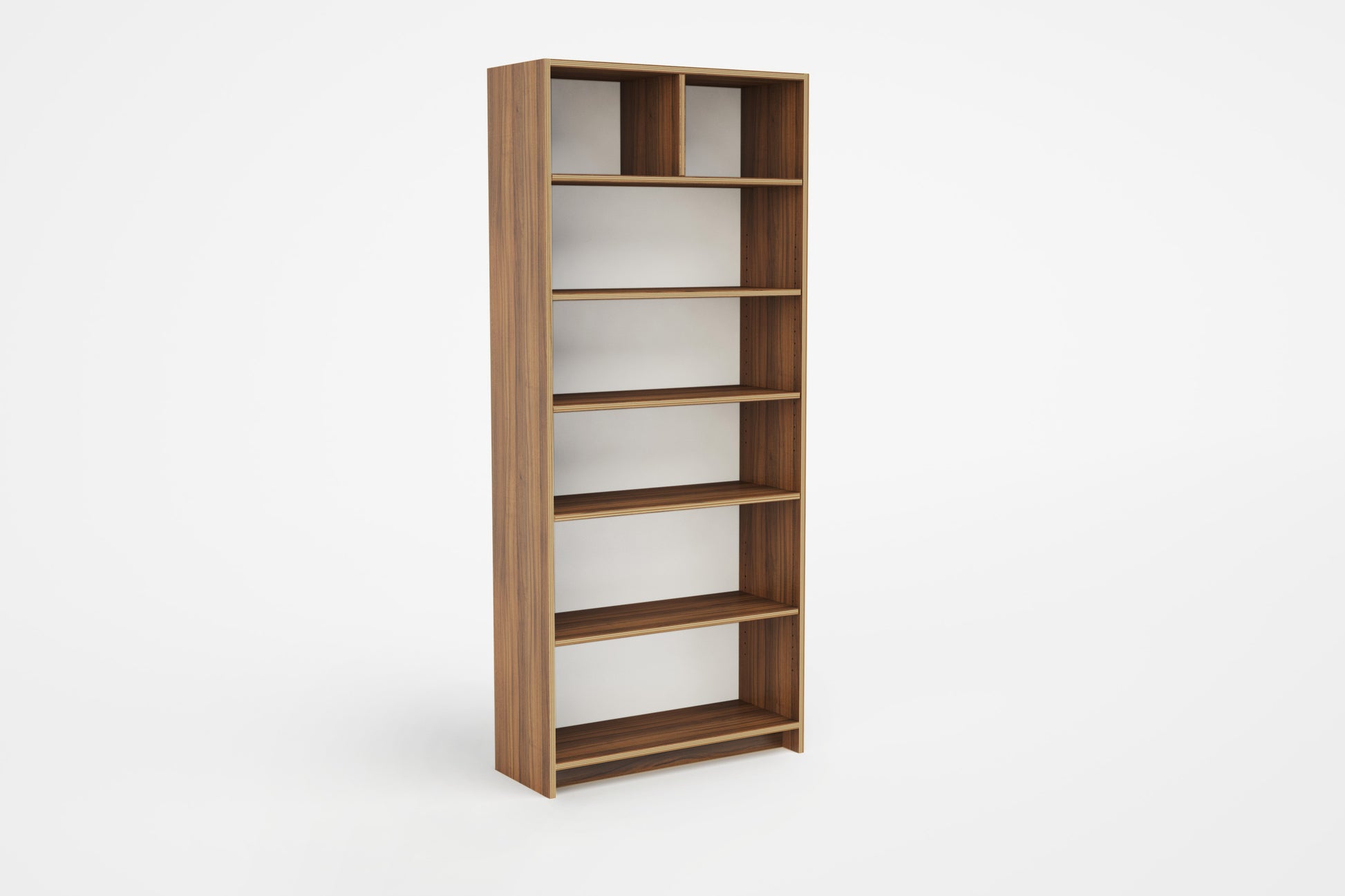 Modulor Bookshelf-Walnut wood outside and white backing against a white background.