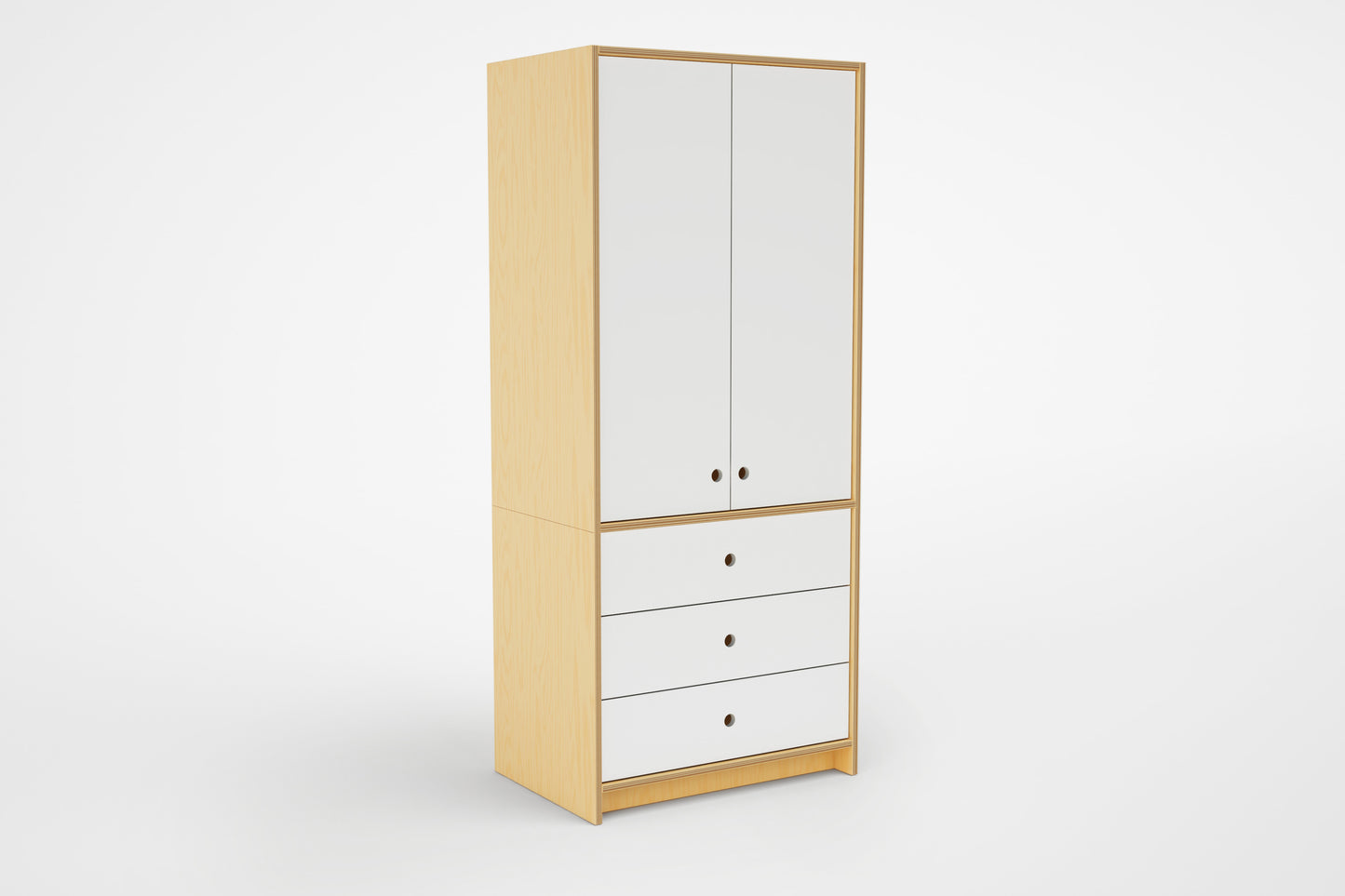Modular Wardrobe-Casa Kids. Modular wardrobe with cabinet and three drawers with circular cutout handles on white background.
