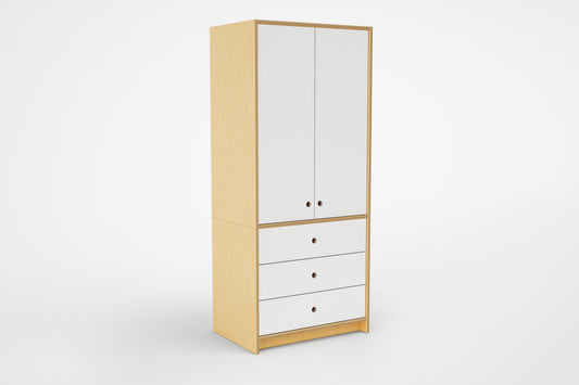 Modular Wardrobe-Casa Kids. Modular wardrobe with cabinet and three drawers with circular cutout handles on white background.