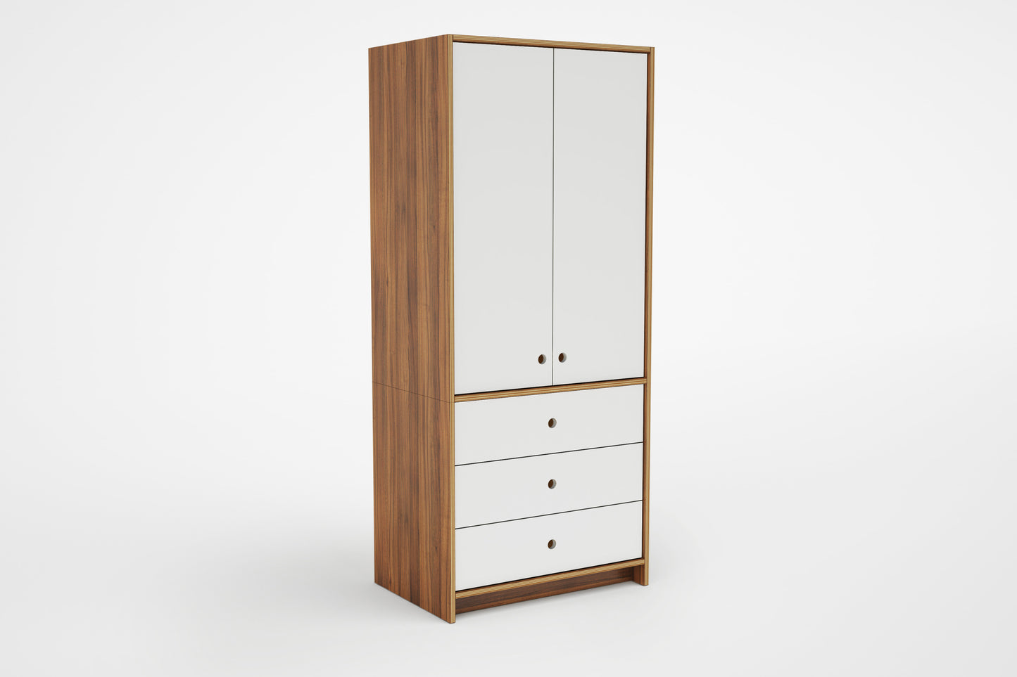 Modular Wardrobe-Casa Kids with white panels and circular cutout handles and 3 drawers against a white background