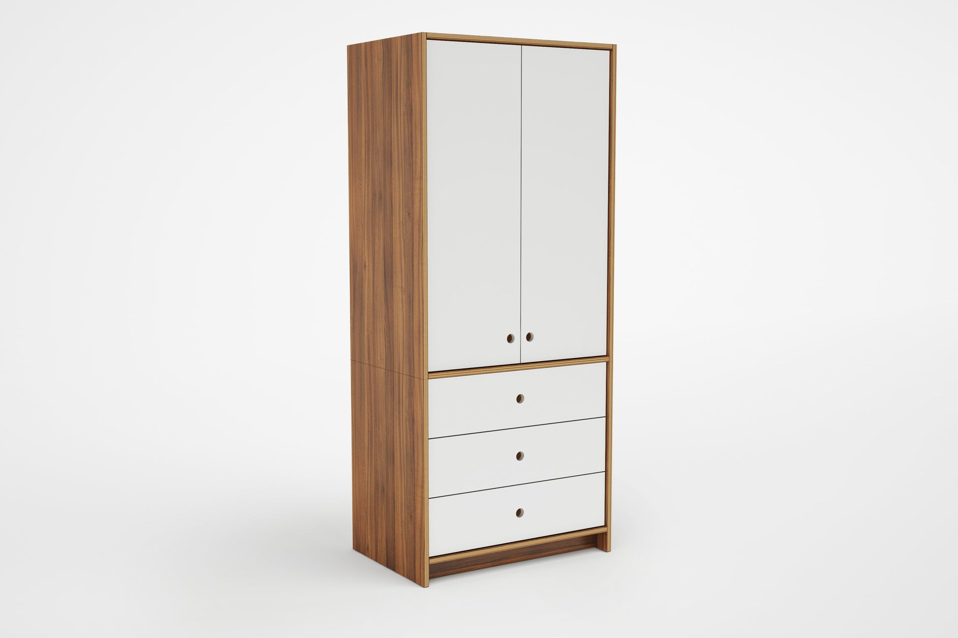 Modular Wardrobe-Casa Kids with white panels and circular cutout handles and 3 drawers against a white background
