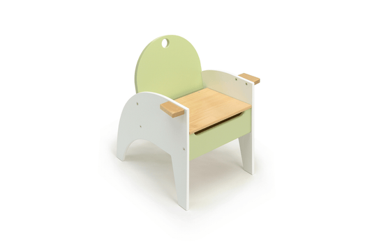 Hide and Sit Armchair-Casa Kids. Green and white small armchair for kids with round back and drawer below seat on white background.