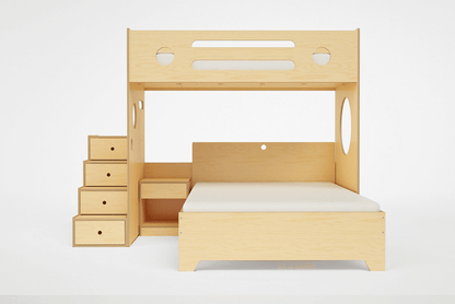 Marino L-Shaped Bunk Bed in natural wood featuring a built-in staircase with integrated storage drawers and a space-saving corner design