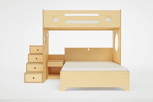Marino L-Shaped Bunk Bed in natural wood featuring a built-in staircase with integrated storage drawers and a space-saving corner design