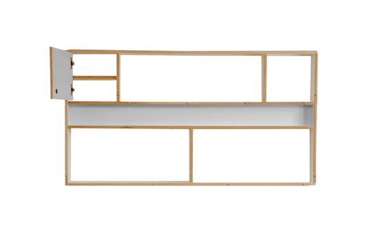 Curio Box- Horizontal-white and light wood sectioned off floating shelf on whtie background